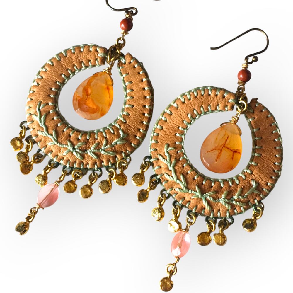 Artisan hand-embroidered leather and semi-prescious stone earrings